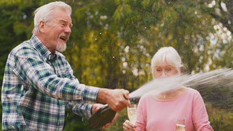 retired senior couple celebrating good news or win opening and spraying champagne in garden