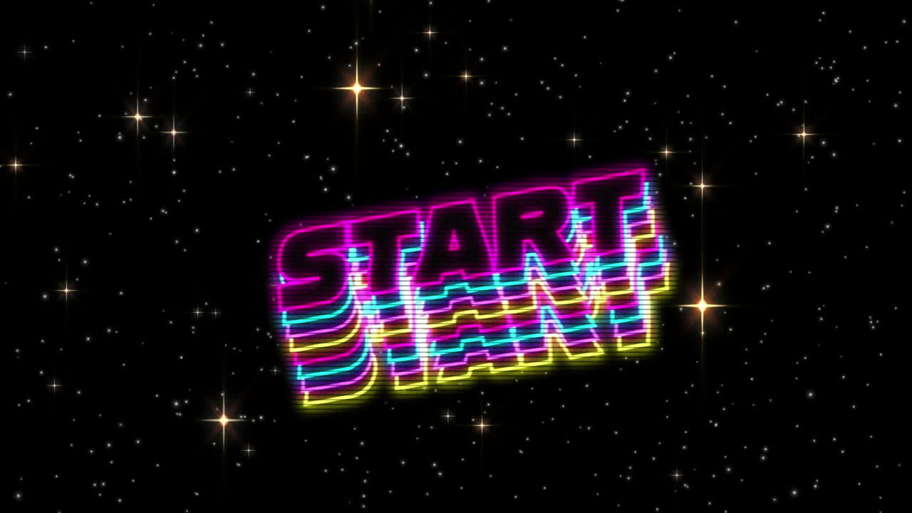 검은 바탕에 반 ⁇ 이는 별 위의 시작 텍스트의 애니메이션