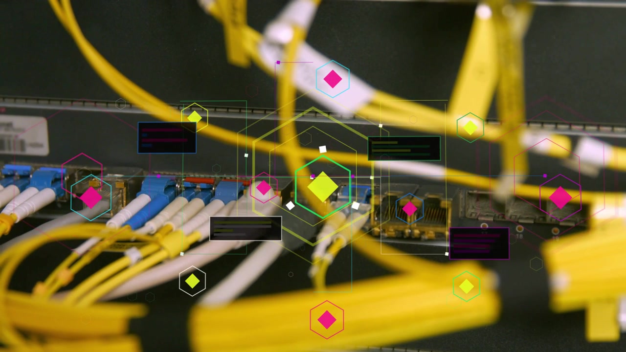 HUD appearing, camera panning, yellow cords moving across panel, showing ports for network status