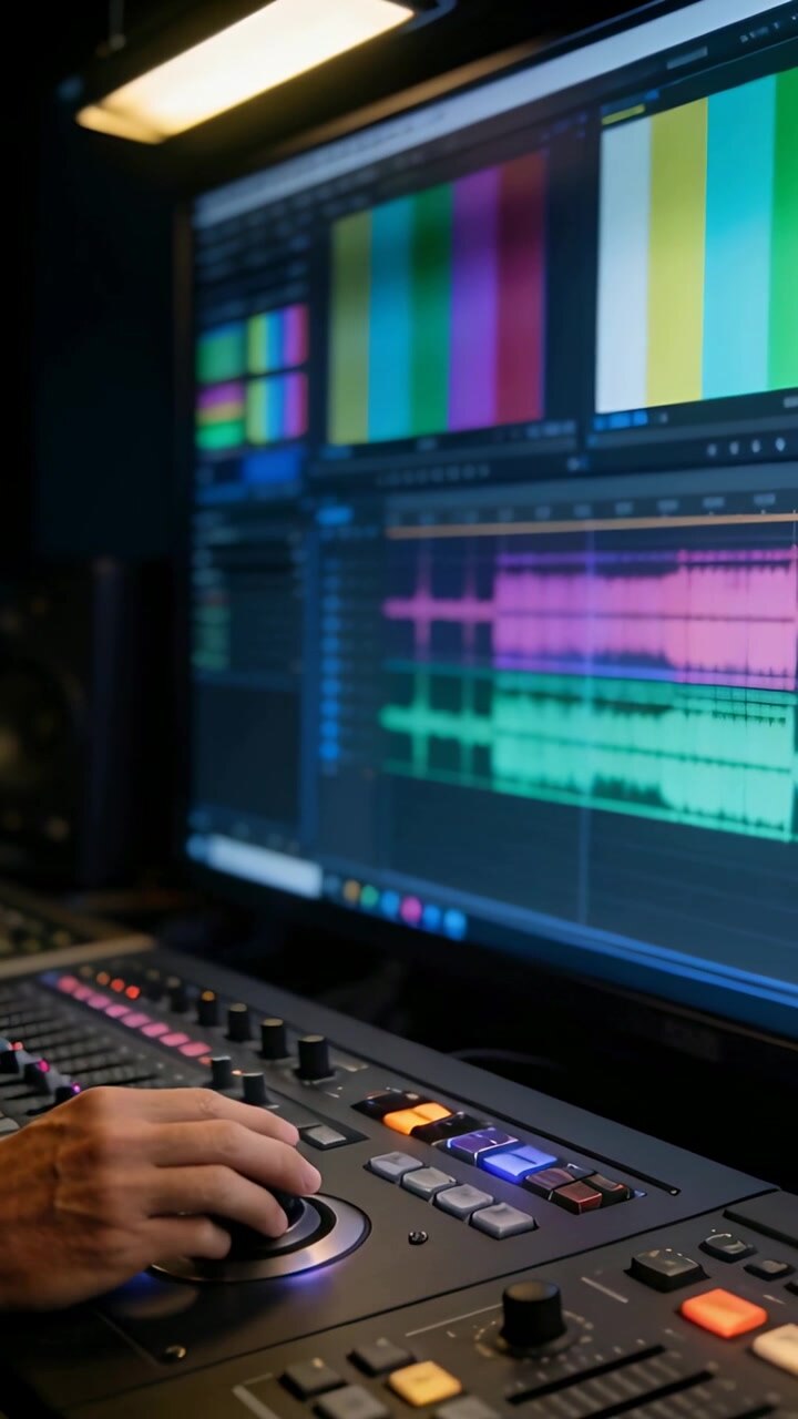 Vertical video: Reaching editor's hand turning jog wheel at console editing timeline clips