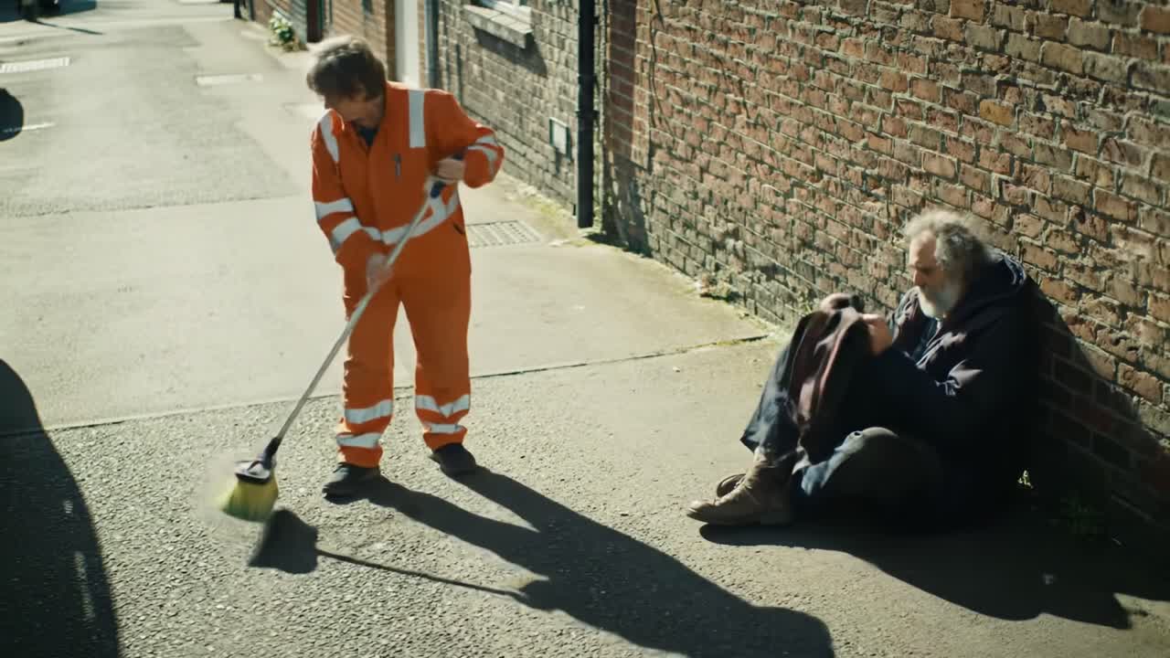 A poignant encounter on a quiet street, depicting a street cleaner diligently sweeping the pavement beside a homeless individual, highlighting themes of kindness and social responsibility.