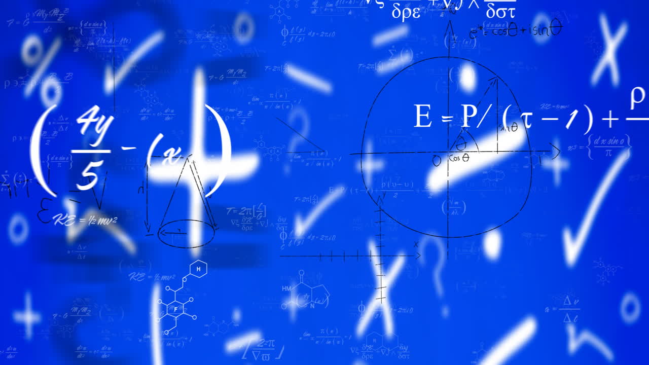 Animation of mathematical equations and scientific symbols on blue abstract background