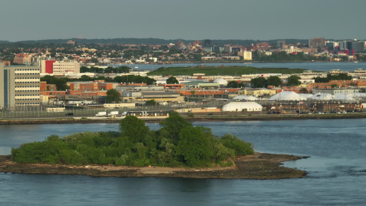 Aerial view of Rikers Island. Shot at sunset during the springtime in New York City.