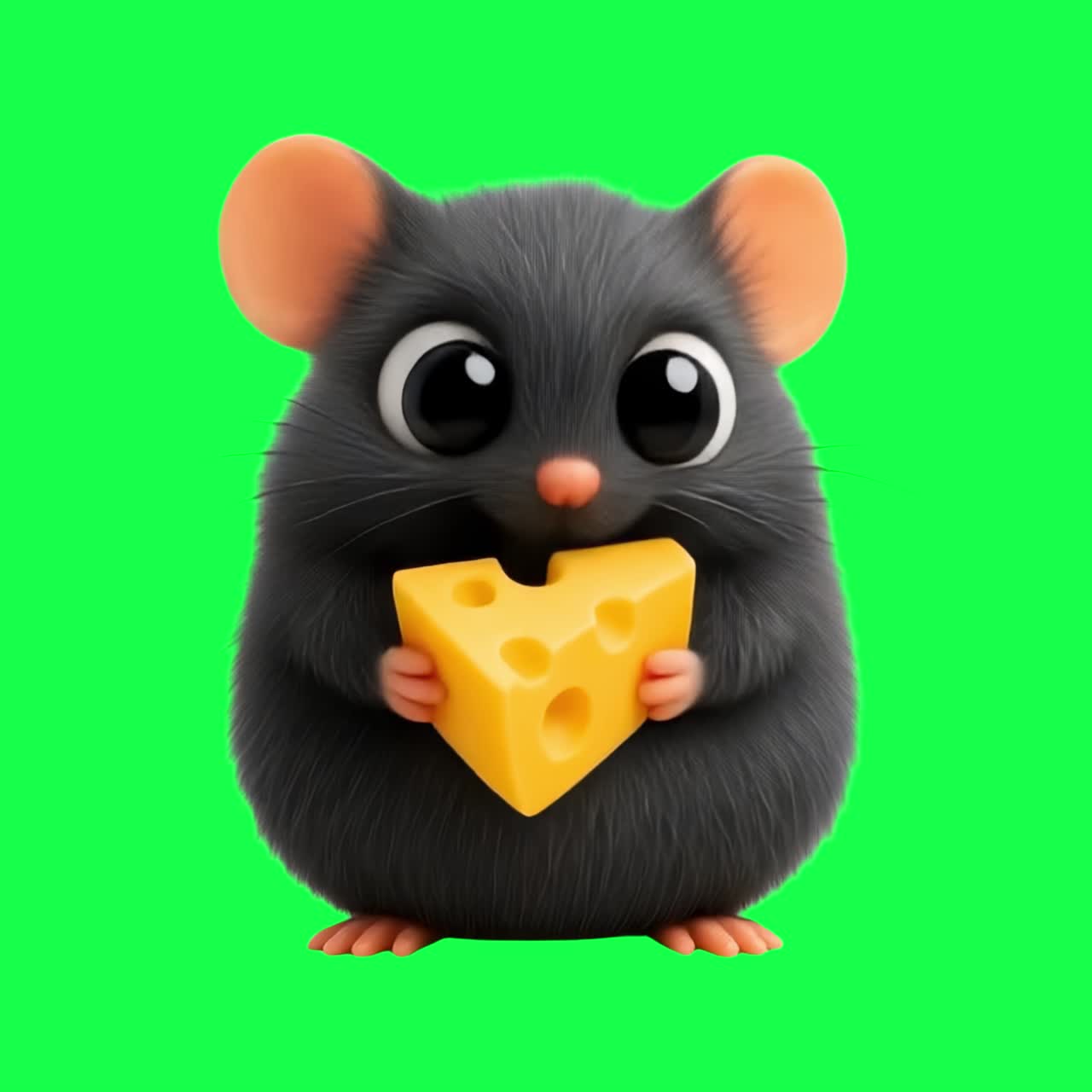 Animazione di un simpatico topo che tiene in mano un formaggio, video 4K trasparente, green screen