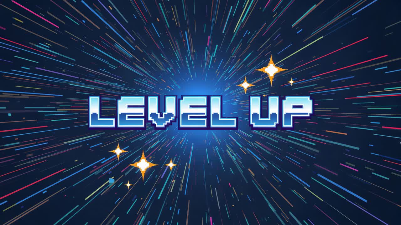 Pulsing flare initiating pixel LEVEL UP title in space, warp streaks racing, sparkles shifting