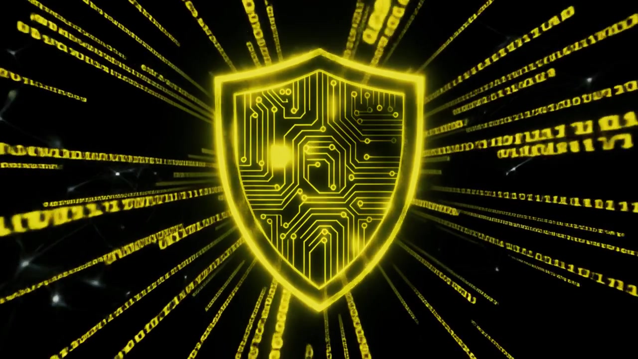 Animated Cybersecurity Shield with Streaming Binary Code