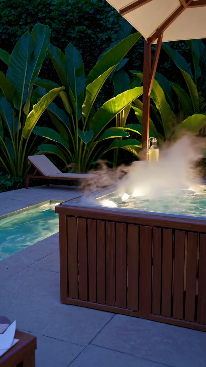 Steamy hot tub with lush greenery, captured from a low angle. The video evokes relaxation and luxury