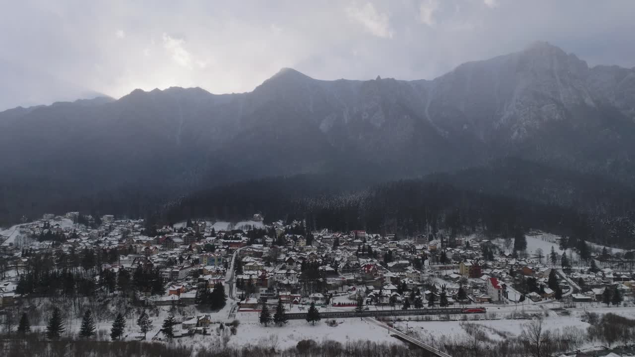 Aerial View of a Snow Covered Town in the Carpathian Mountains