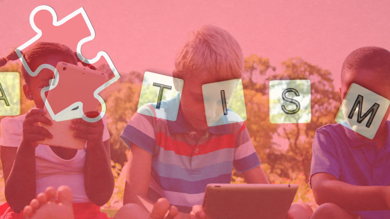 다채로운 퍼즐 조각의 애니메이션, 전자 장치를 사용하는 어린이에 대한 자폐증 텍스트