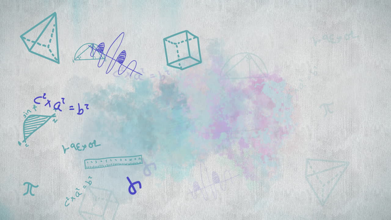 ecuaciones matemáticas en movimiento y formas geométricas contra un fondo gris