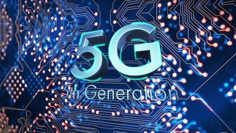 Animation-of-5g-text-against-microprocessor-connections-in-seamless-pattern-on-blue-background