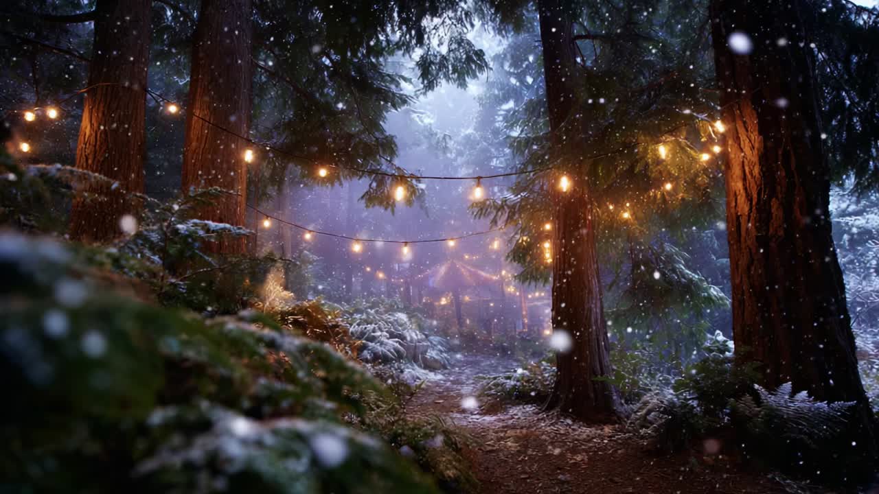 Enchanting Winter Forest Pathway Illuminated with Glowing String Lights Amidst a Gentle Snowfall Creates a Cozy and Magical Atmosphere for a Nighttime Stroll Through Nature's Beauty
