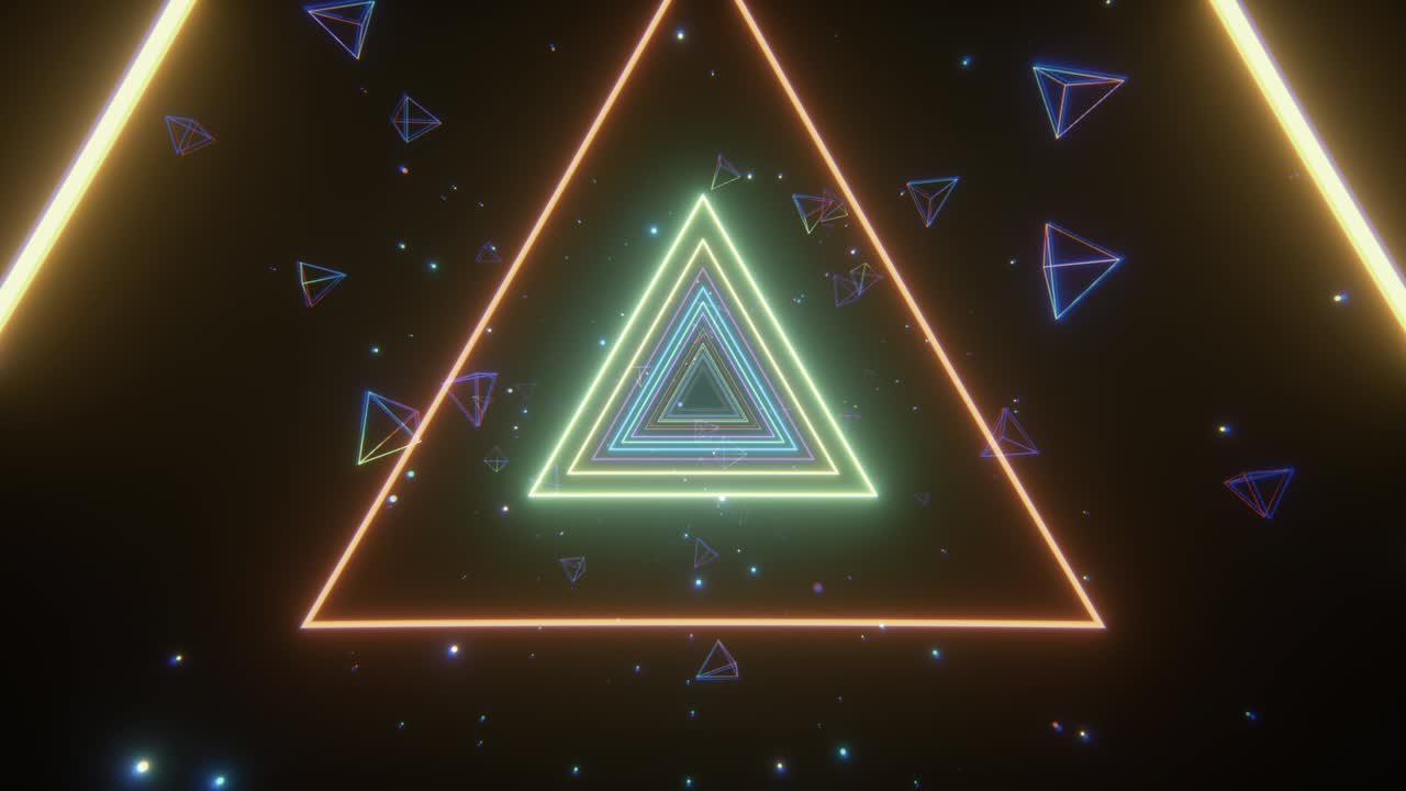 음악 비디오, 나이트 클럽, led 스크린, 프로젝션 쇼, 비디오 매핑, 오디오 비주얼 퍼포먼스, 패션 이벤트를위한 빛나는 다채로운 네온 삼각형의 끝없는 터널.