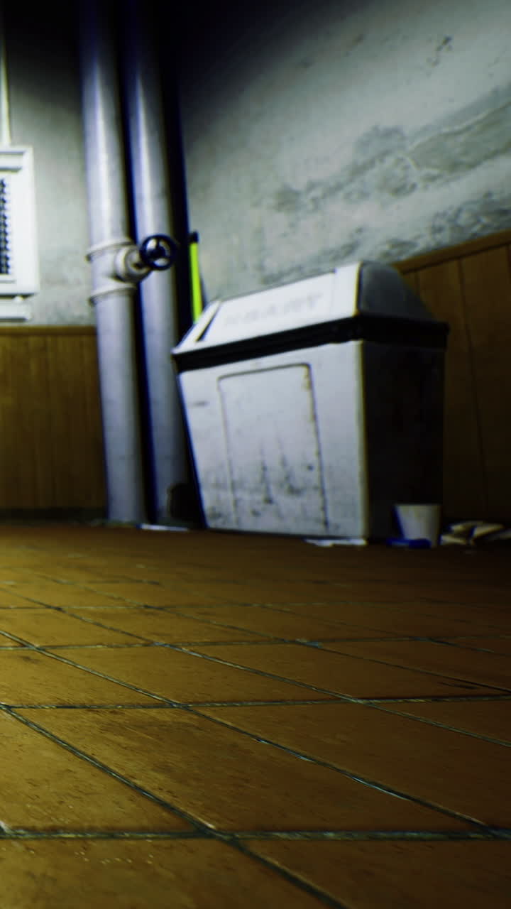 Old kitchen with a trash can on the floor in a quiet empty room