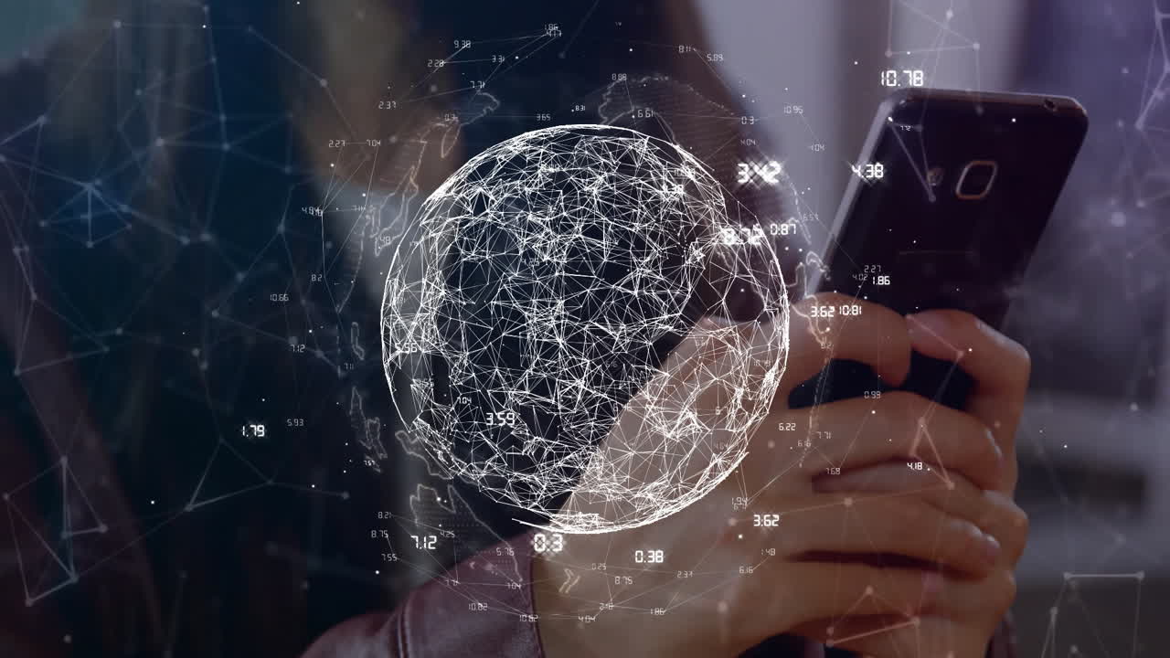 animación de la red de conexiones con el mundo a través de una mujer asiática que usa un teléfono inteligente