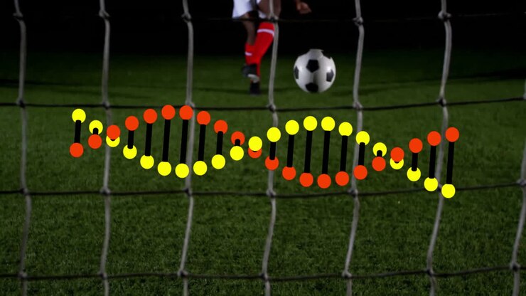 Animazione di un filamento di DNA su un giocatore di calcio che si prepara a calciare il pallone sul campo