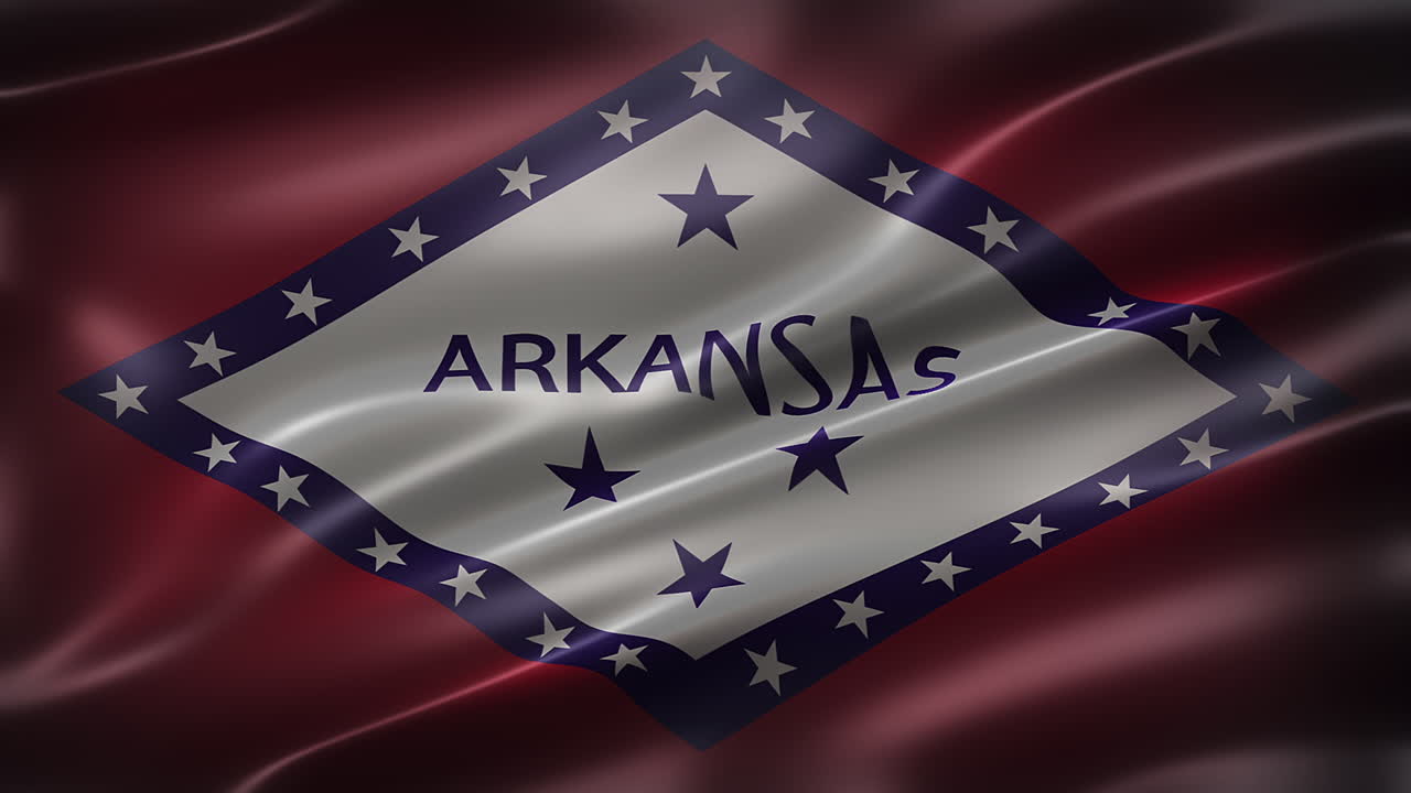 la bandera de arkansas, vista de fuente, cuadro completo, elegante, brillante, revoloteante, elegante textura sedosa, ondeando en el viento, animación realista de 4k cg, aspecto de película, con capacidad de bucle sin costuras
