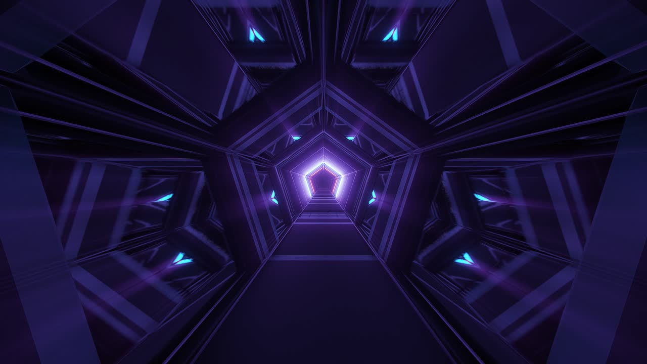 túnel en forma de pentágono iluminado en violeta, rojo y morado con un camino brillante en una arquitectura futurista de pasillo, animación gráfica 3d cgi