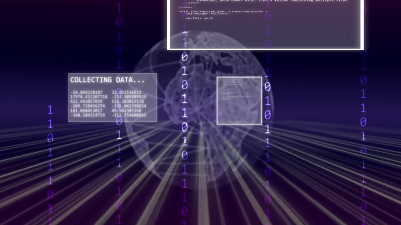 animación del procesamiento de datos por computadora, codificación binaria y globo.
