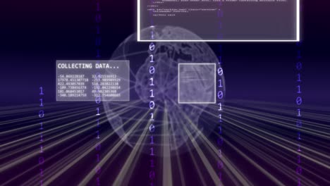 Animation-of-computer-data-processing,-binary-coding-and-globe