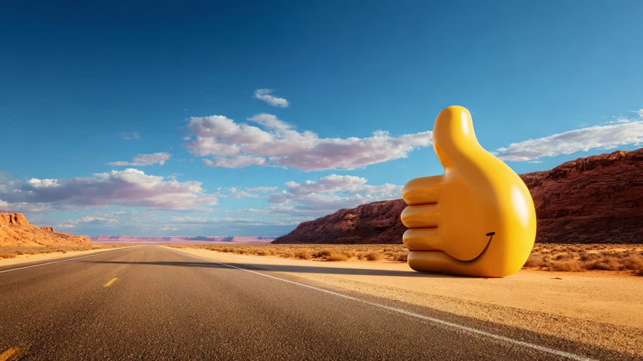 A vibrant landscape captures a giant golden thumbs up statue standing alone beside an empty desert road, symbolizing positivity and adventure beneath a wide blue sky with fluffy clouds