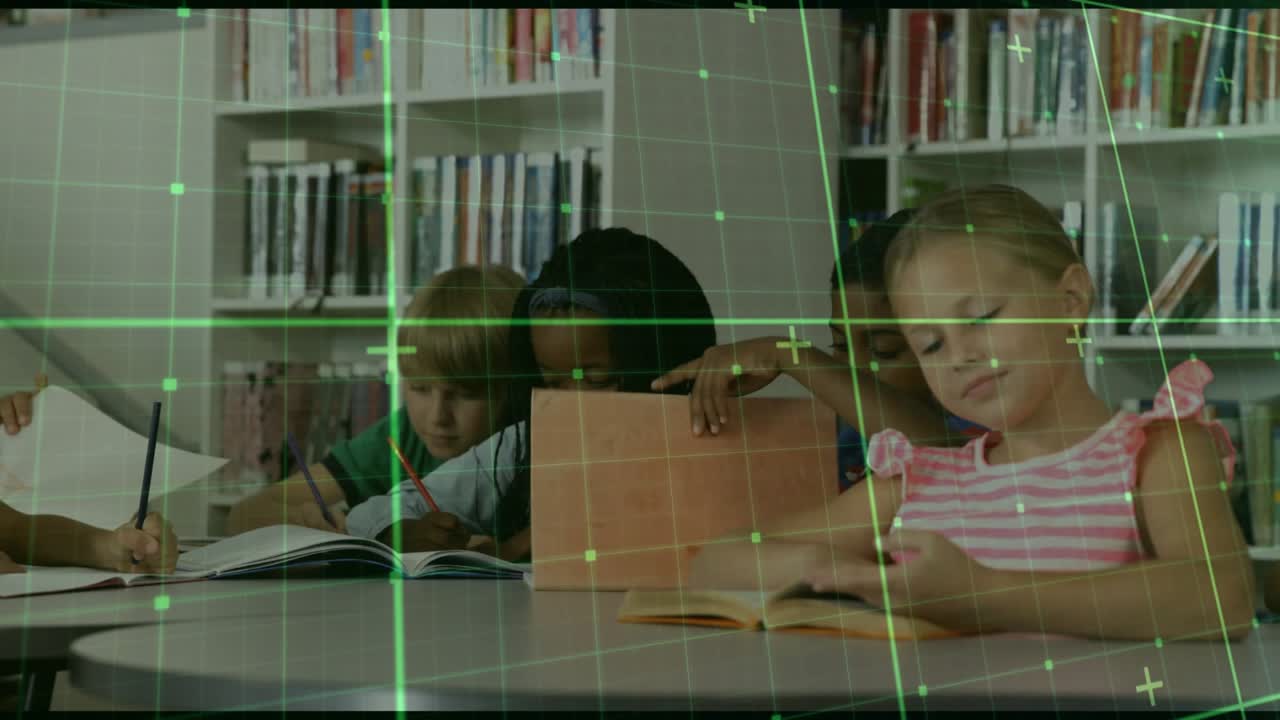 Scanning grid overlay covering library while children writing reading books lifting heads curious