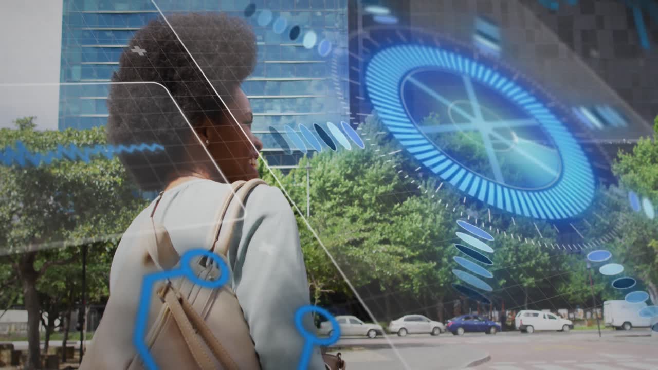 Animation of scope scanning and data processing over african american woman waving