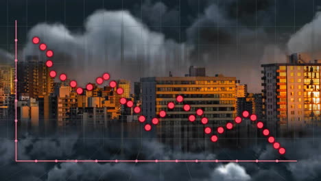 animation of financial data processing over cityscape