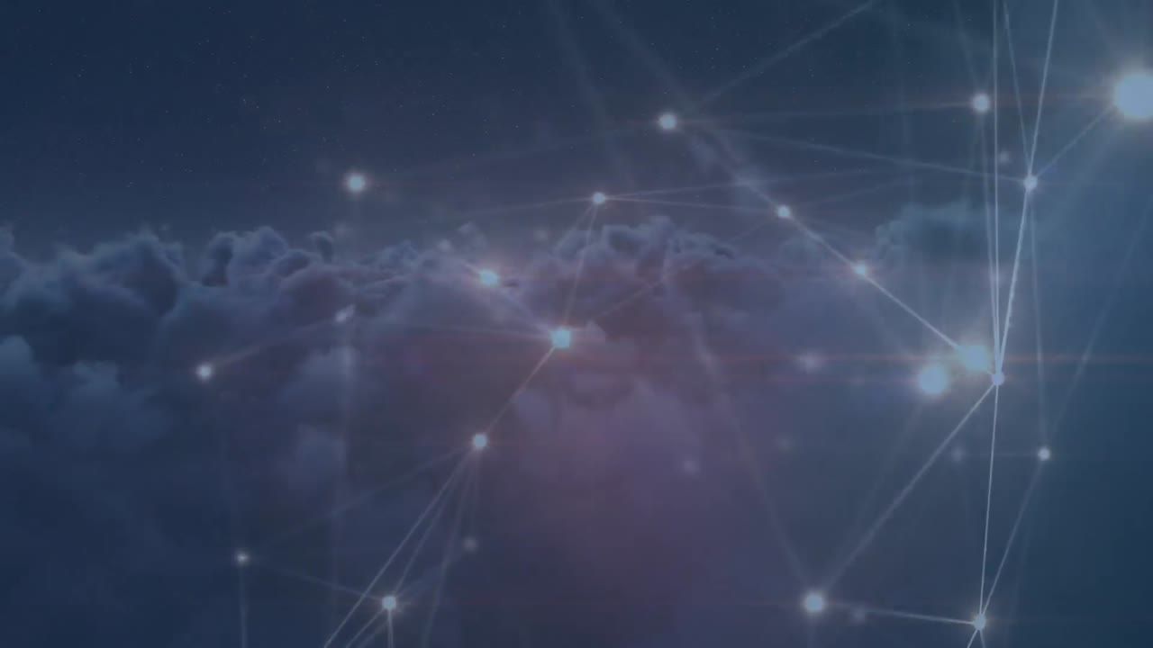 Animation of glowing network of connections over clouds in the sky