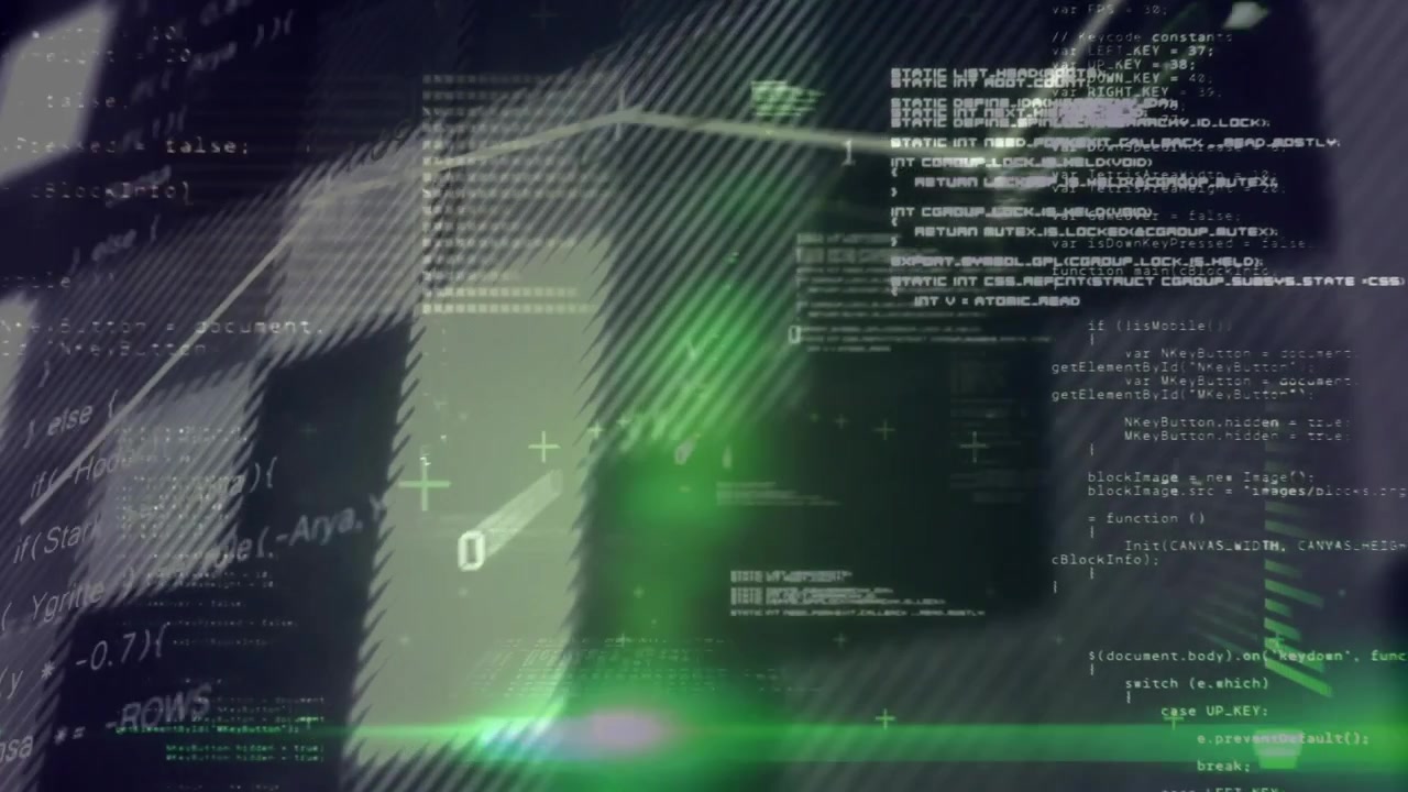 Green laser sweeping dark backdrop revealing code panels and graph lines visualizing data growth