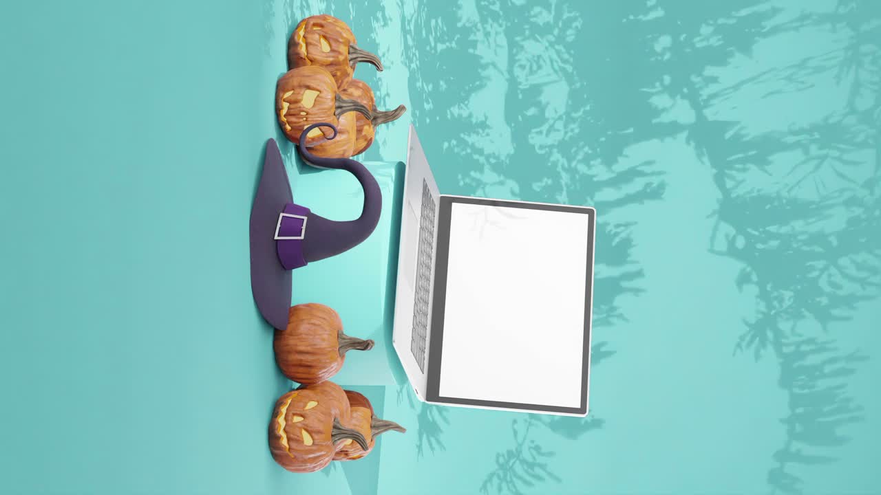 portátil de pantalla blanca en el podio con calabazas, fondo de halloween, vertical
