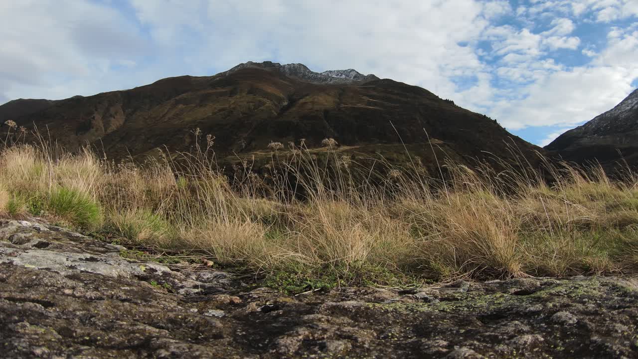 Indian summer in Swiss Alps, summit is covered with first snow