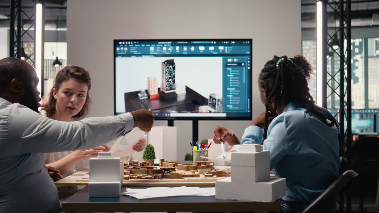 Diverse engineers team go over structural real estate city planning