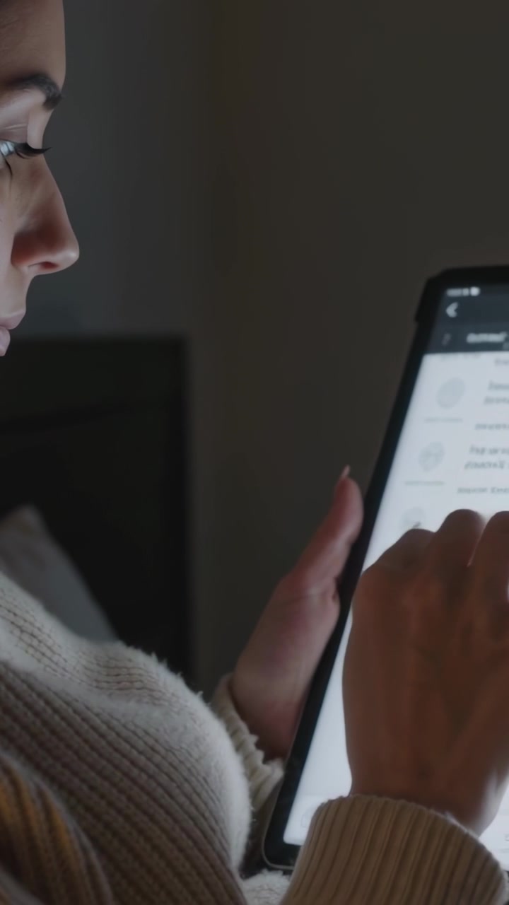 Video verticale: Donna con un maglione lavorato a maglia che reagisce a un tablet luminoso scorrendo il testo a letto, spazio per il testo.