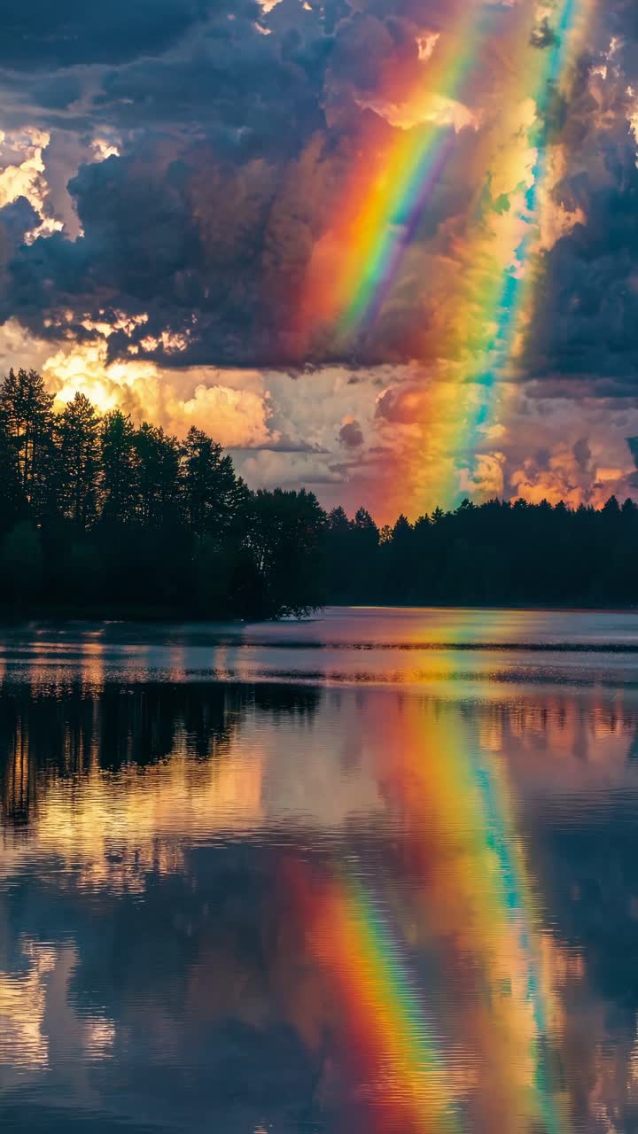 A serene landscape video captures a vibrant rainbow over a tranquil lake at sunset, shot from a low