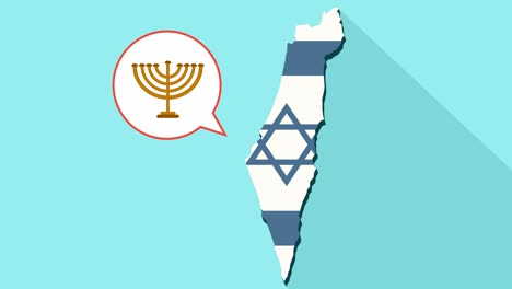 animación de una larga sombra mapa de israel con su bandera y un globo cómico con un icono de menorá