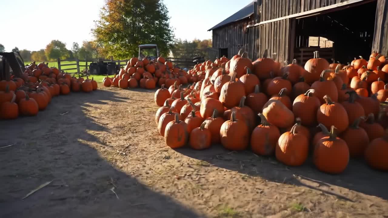 Enjoying Autumn at a Pumpkin Farm With Vibrant Orange Pumpkins in a Scenic Rural Setting