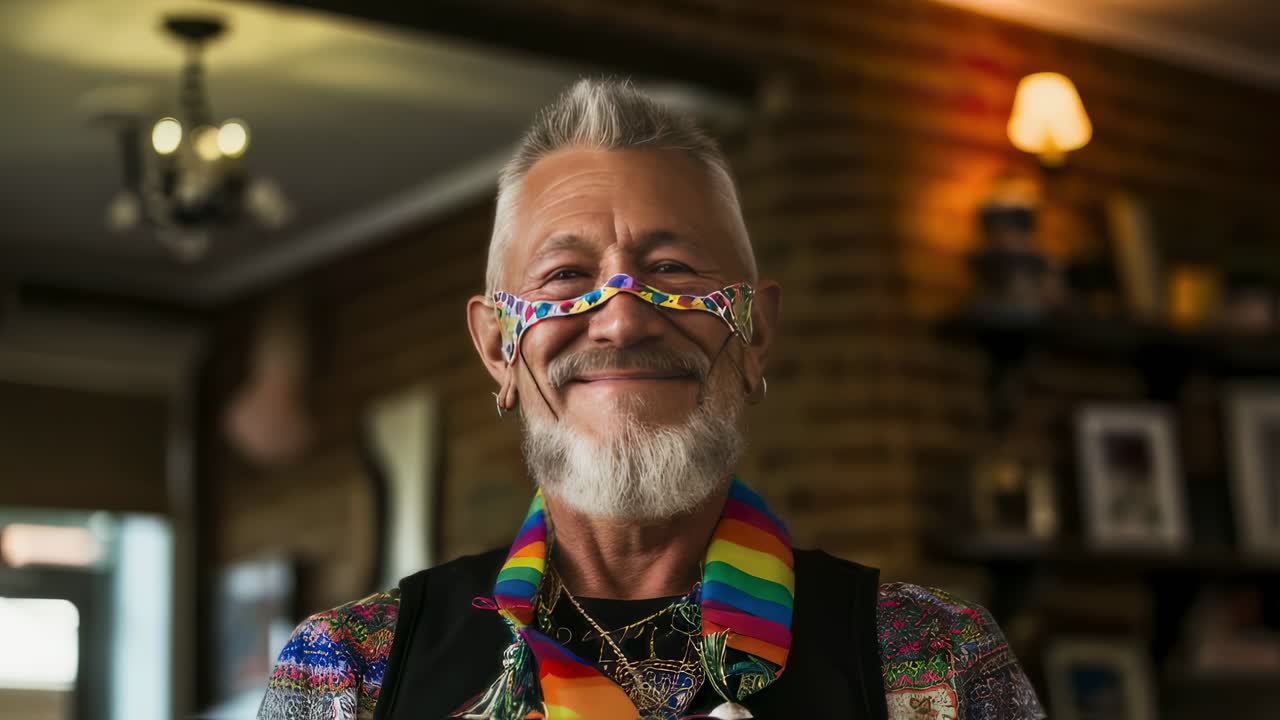 Smiling Senior Man in Pride Accessories