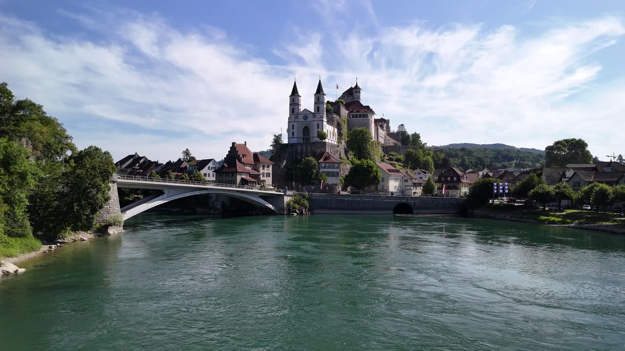 Aare river Switzerland Aarau Aarburg castle, aerial drone Swiss travel destination