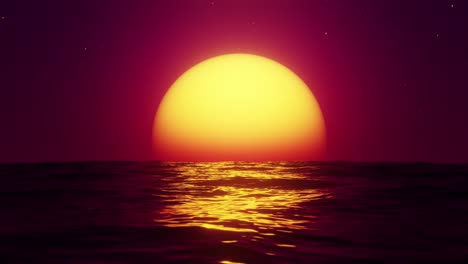 Big-red-hot-sun-in-the-reflection-of-the-sea-over-the-horizon.-Infinitely-looped-animation.