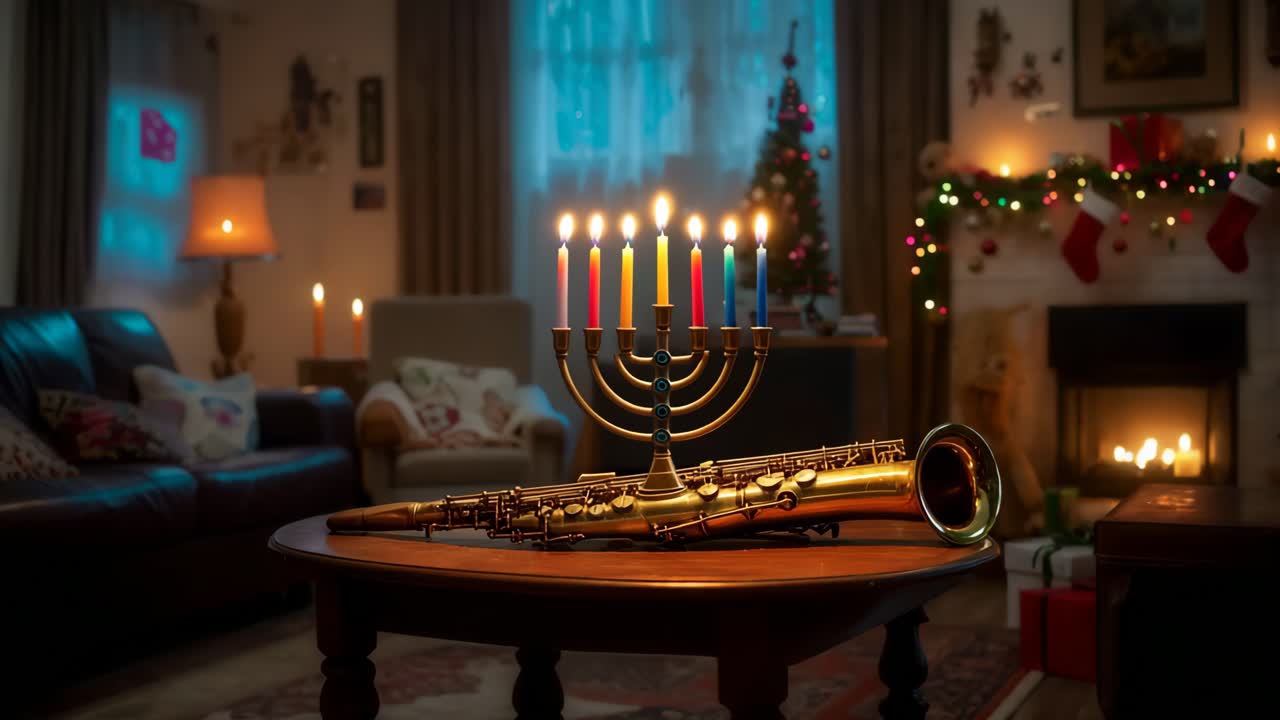 Chanukka- und Weihnachtsfeier in einem gemütlichen Wohnzimmer