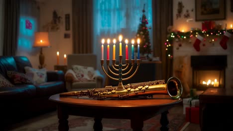 chanukah and christmas celebration in a cozy living room