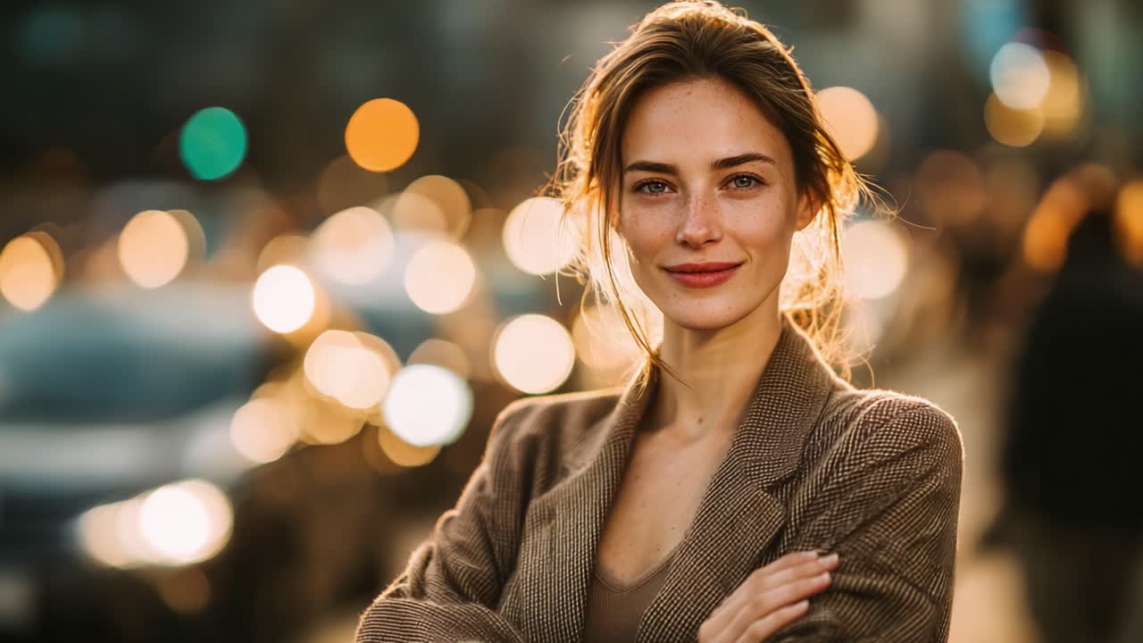 Captivating Portrait of a Confident Woman Embracing the Urban Energy, Set Against a Blurry Background of City Lights and Traffic in a Vibrant Sunset Atmosphere