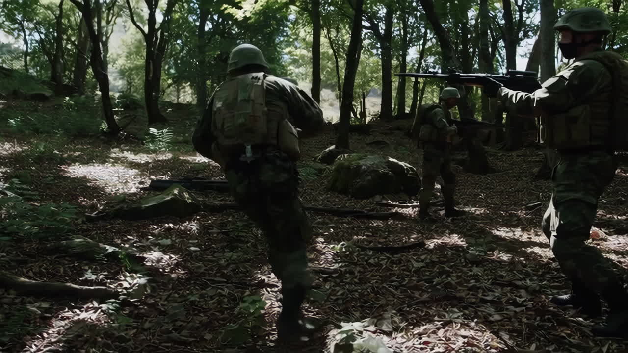 Soldiers on patrol in a forest