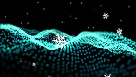 Snowflakes-floating-against-green-glowing-digital-wave-on-black-background