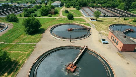 wastewater treatment plant. flight along the treatment plant. drone video. 4k stock footage.