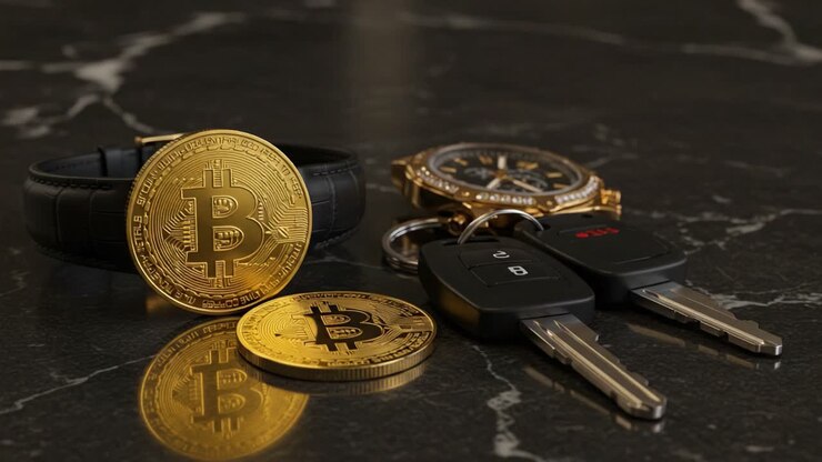 Esplorando l'intricata interazione tra criptovalute e lusso: uno sguardo alla moderna fusione di Bitcoin, orologi e chiavi dell'auto su una superficie di marmo