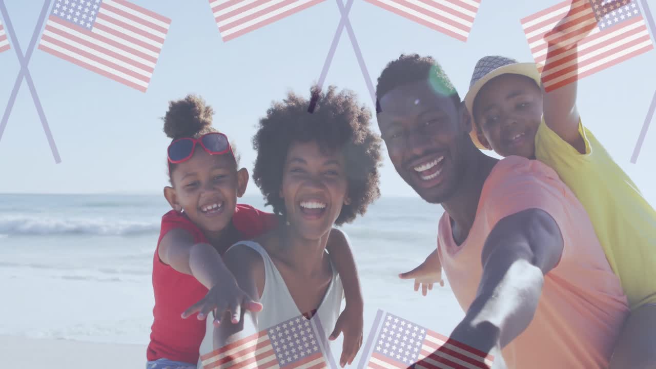 animación de banderas estadounidenses sobre familia afroamericana disfrutando en la playa