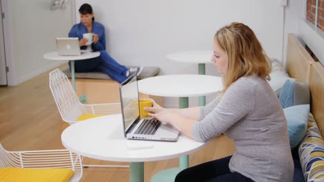 female executive using laptop while having drink 4k