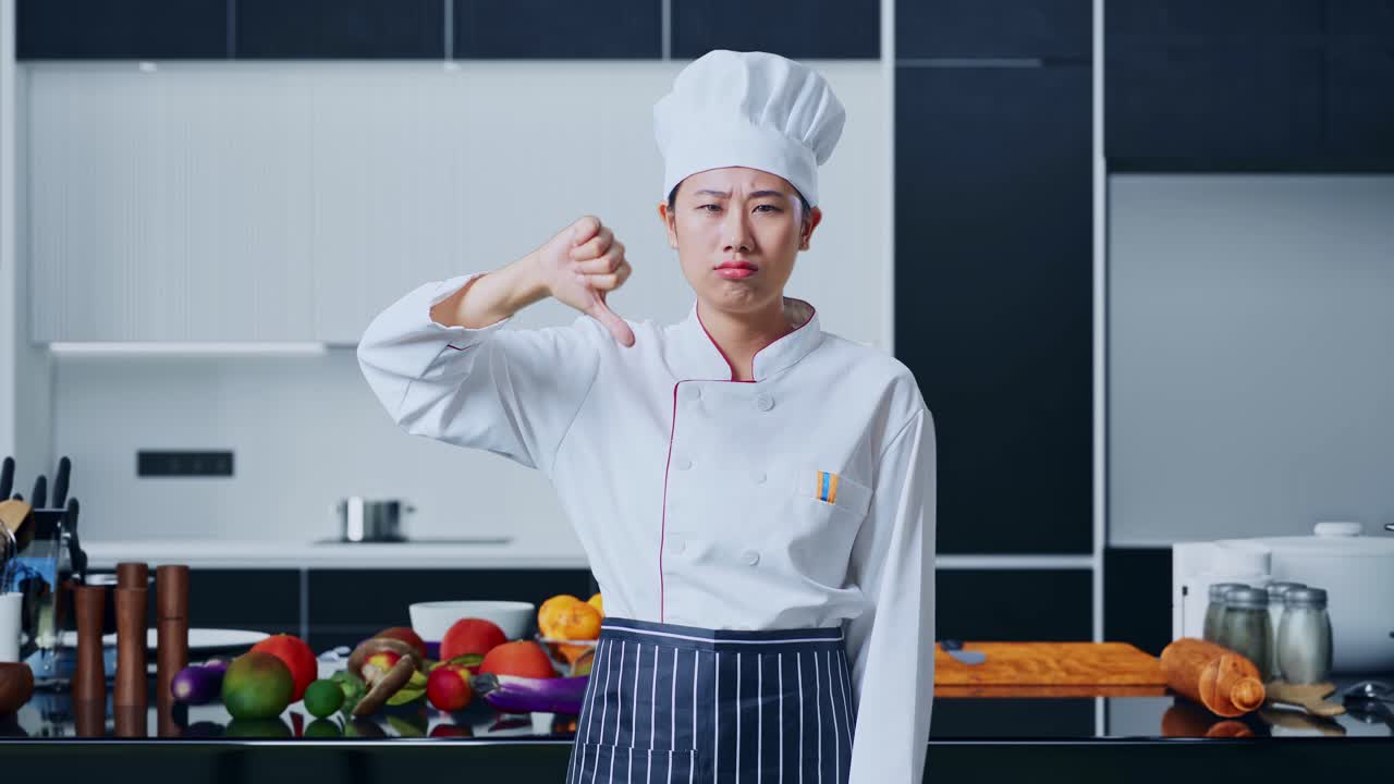 아시아 여성 요리사 는 집 주방 에서 카메라 를 향해 엄지손가락 을 내려놓고 제스처 를 하고 있다